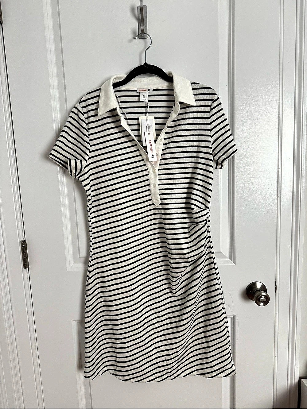 Sundry Striped Polo Mini Dress White & Black Large NWT